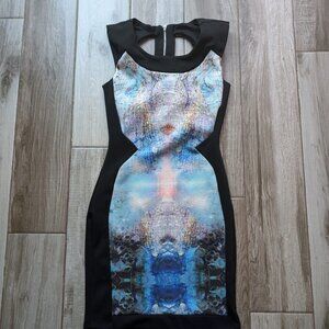Miss Selfridge Women’s Bodycon Dress Size 8 Black Abstract Print Cutout Back